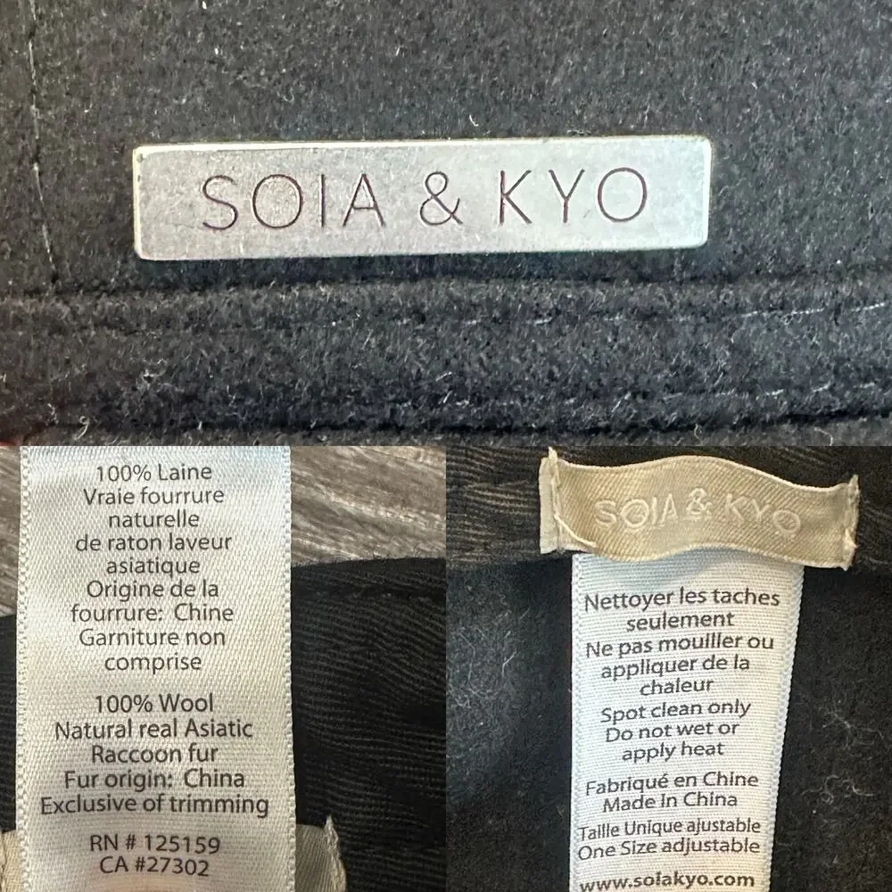 Soia & Kyo Black Felt Wool Marlow Riding Cap Asiatic Raccoon Fur Heritage Preppy